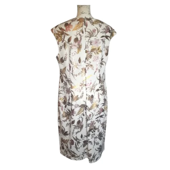 Elegant Midi Sheath Dress Gold Metallic Floral Size 14W - Picture 3 of 5